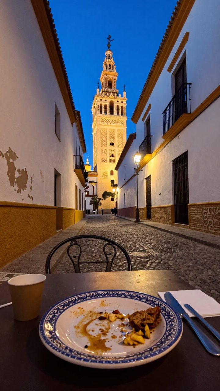 Twilight Street Scene in Seville Spain With Traditional Ceramic Plate and Rusty Metal Chair in in Seville, Spain