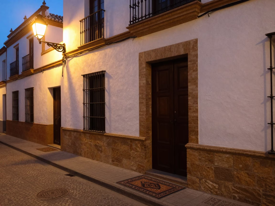 Twilight Street Scene in Seville Spain with Traditional Door Mats and Urban Architecture in in Seville, Spain