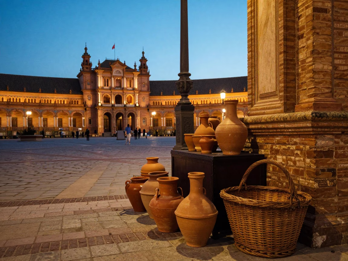 Twilight Street Scene in Seville Spain with Traditional Pottery and Wicker Basket in in Seville, Spain