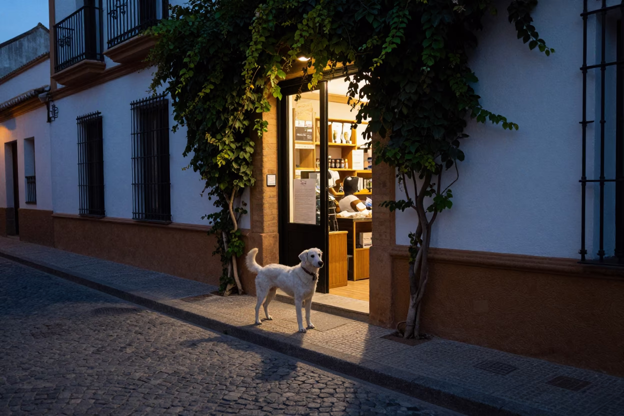 Twilight street scene in Seville Spain with white dog and ivy vines in in Seville, Spain