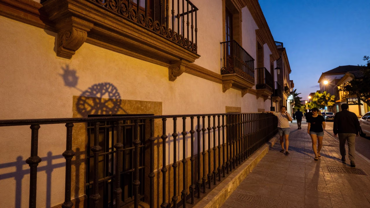 Twilight Street Scene in Seville Spain with Wicker Shadow on Rail and Local Architecture in in Seville, Spain