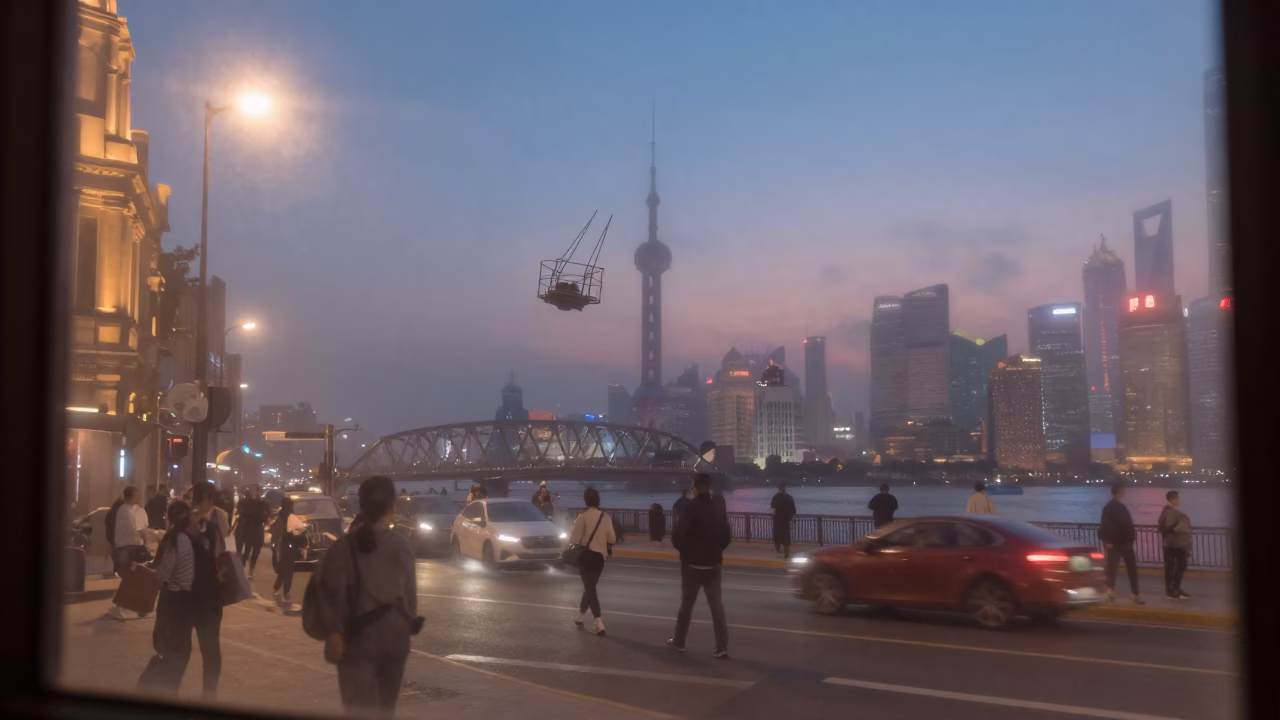 Twilight Street Scene in Shanghai China with Fogged Window Glass and Bridge Maintenance Cage in in Shanghai, China