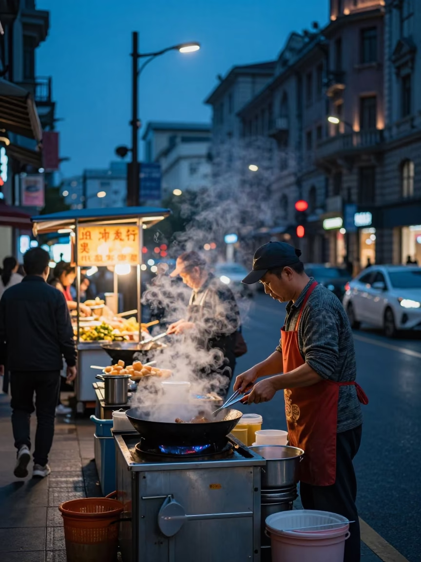Twilight street scene in Shanghai China with food vendors and pedestrians near modern skyscrapers in in Shanghai, China