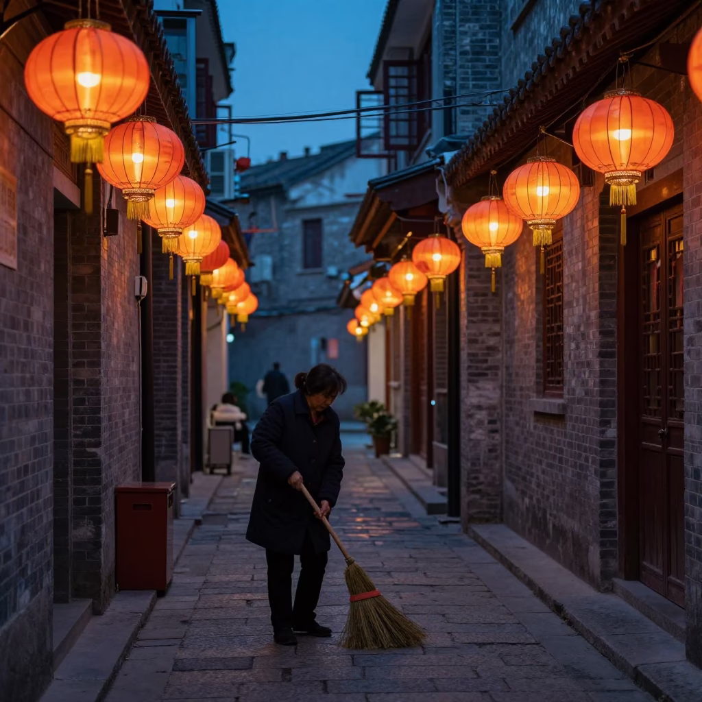 Twilight Street Scene in Shanghai China with Lanterns and Vintage Broom in in Shanghai, China