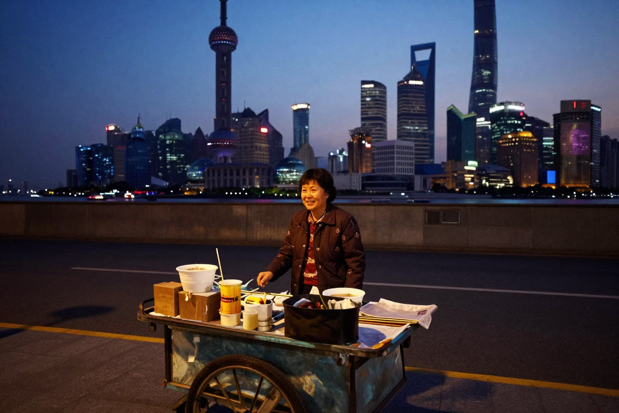 Twilight street scene in Shanghai China with local vendor and urban infrastructure in in Shanghai, China