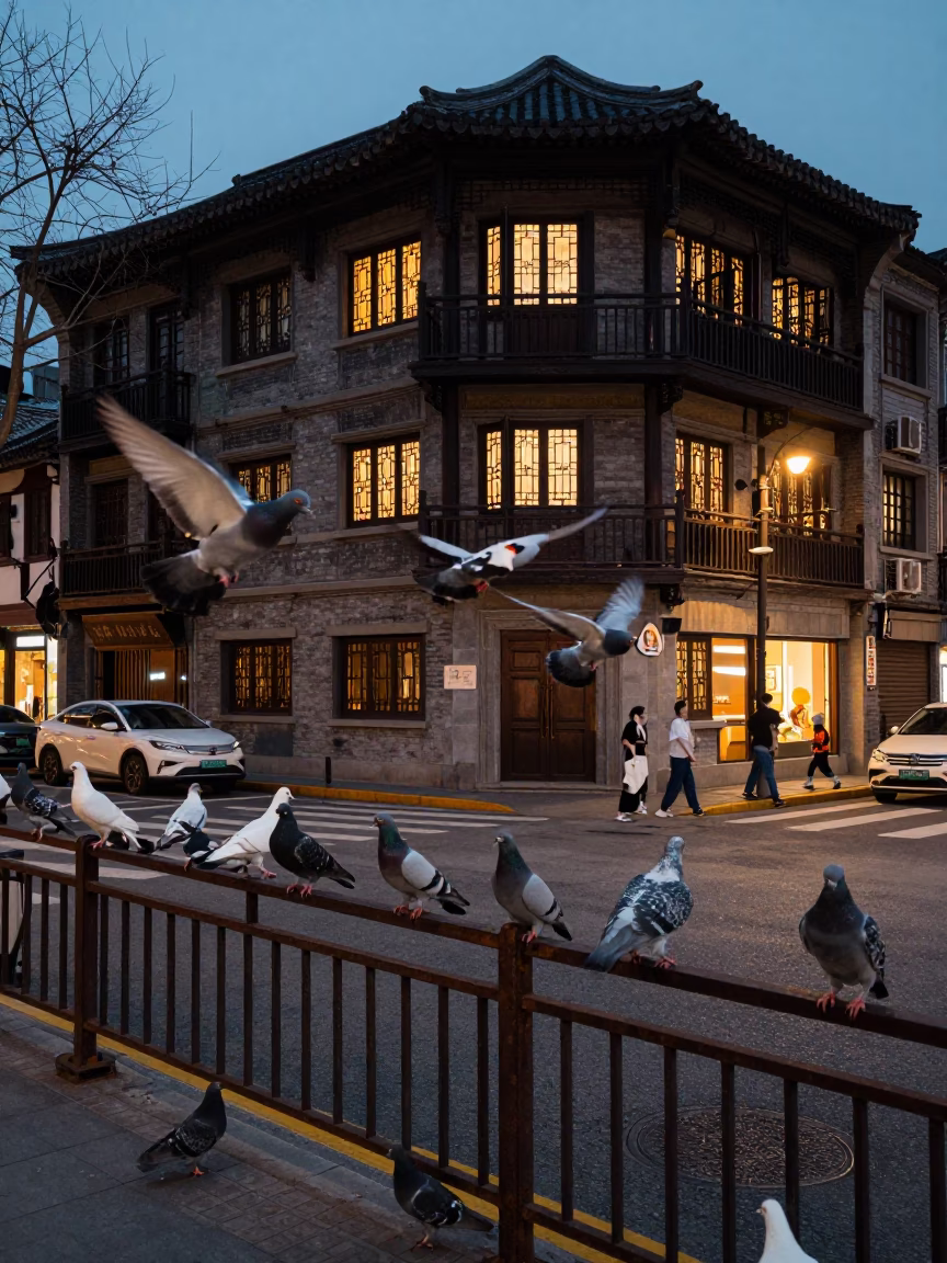 Twilight street scene in Shanghai China with pigeons and vintage details in in Shanghai, China