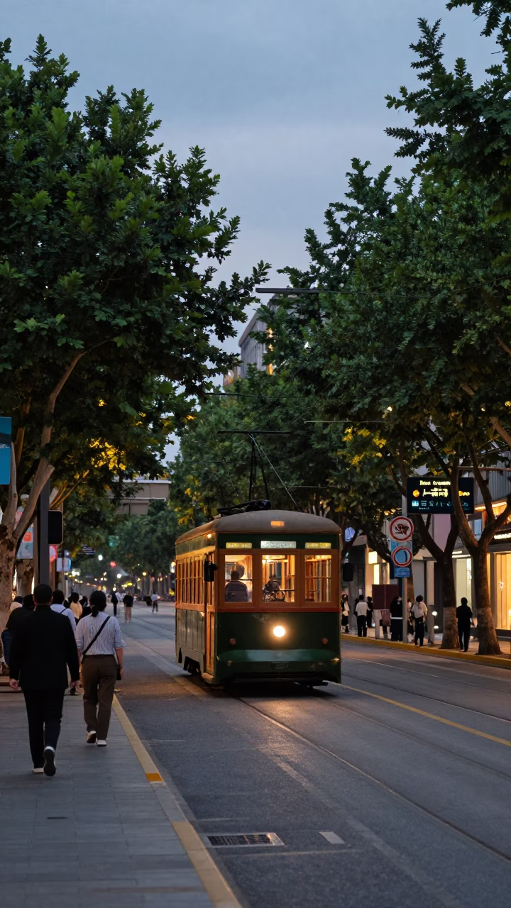 Twilight Street Scene in Shanghai China with Tramcar on Tree-Lined Boulevard in in Shanghai, China