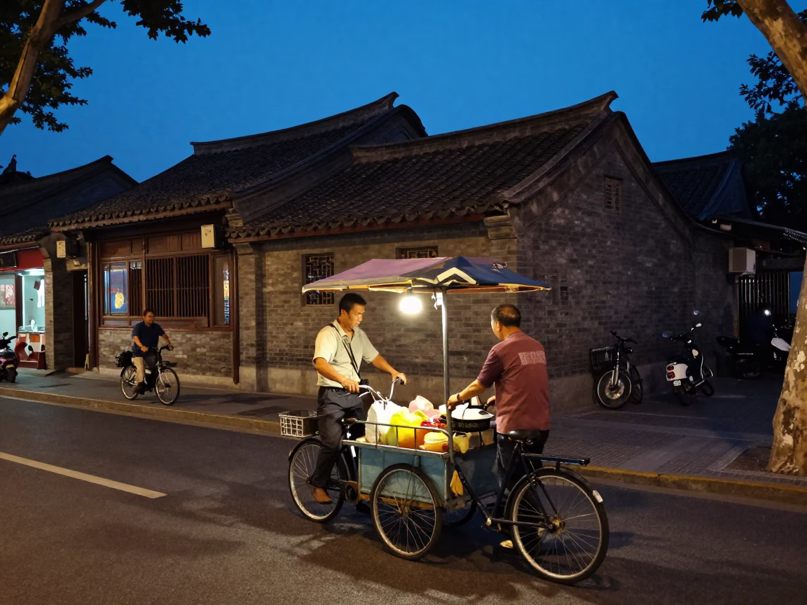 Twilight street scene in Shanghai China with vendor and bicycle in in Shanghai, China