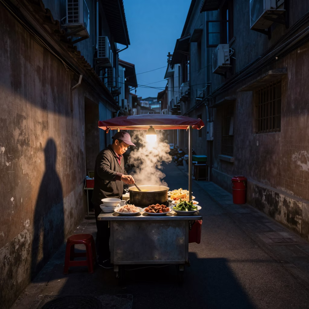 Twilight street scene in Shanghai China with vendor serving traditional food in in Shanghai, China