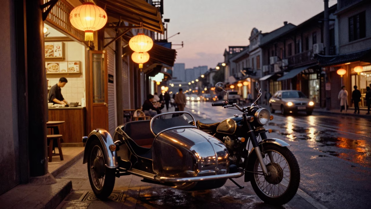 Twilight Street Scene in Shanghai China with Vintage Motorcycle and Water Taxi in in Shanghai, China
