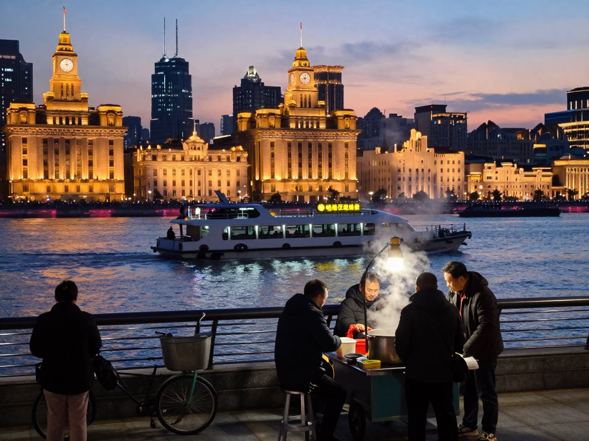 Twilight Street Scene in Shanghai China with Water Taxi and Urban Life in in Shanghai, China