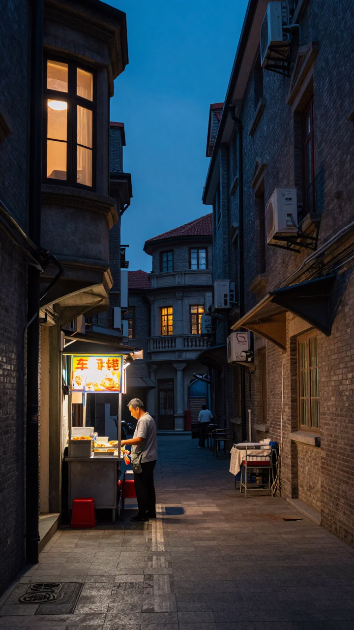 Twilight Street Scene in Shanghai China with Window Light and Local Dining Elements in in Shanghai, China