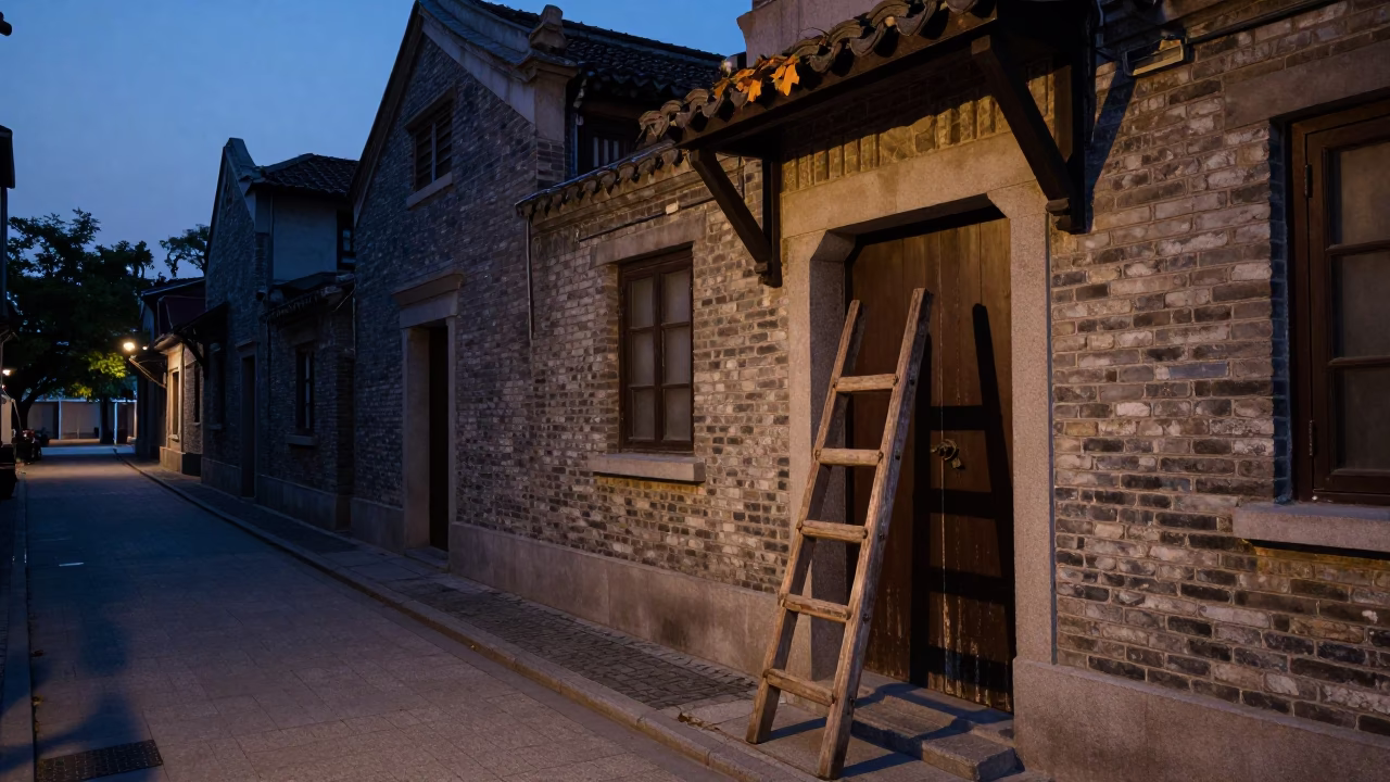 Twilight Street Scene in Shanghai China with Wooden Ladder and Leaf Shadows in in Shanghai, China
