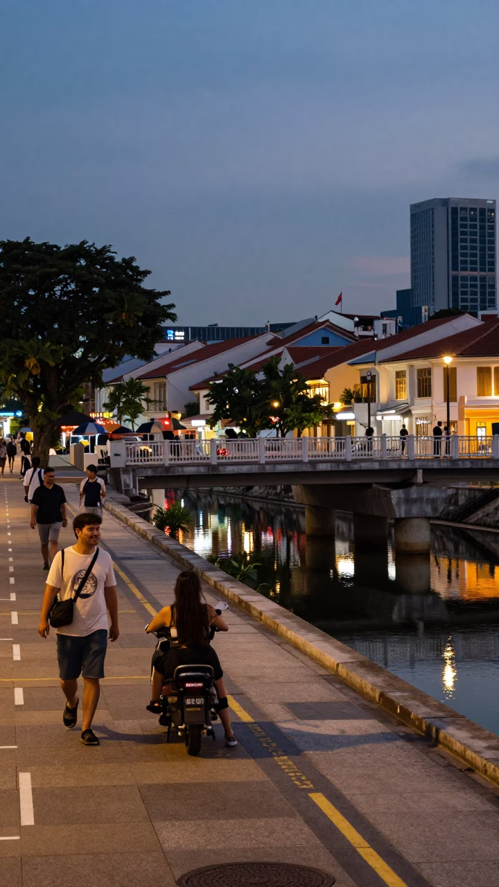 Twilight Street Scene in Singapore with Bridge Pier and Local Dining in in Singapore, Singapore