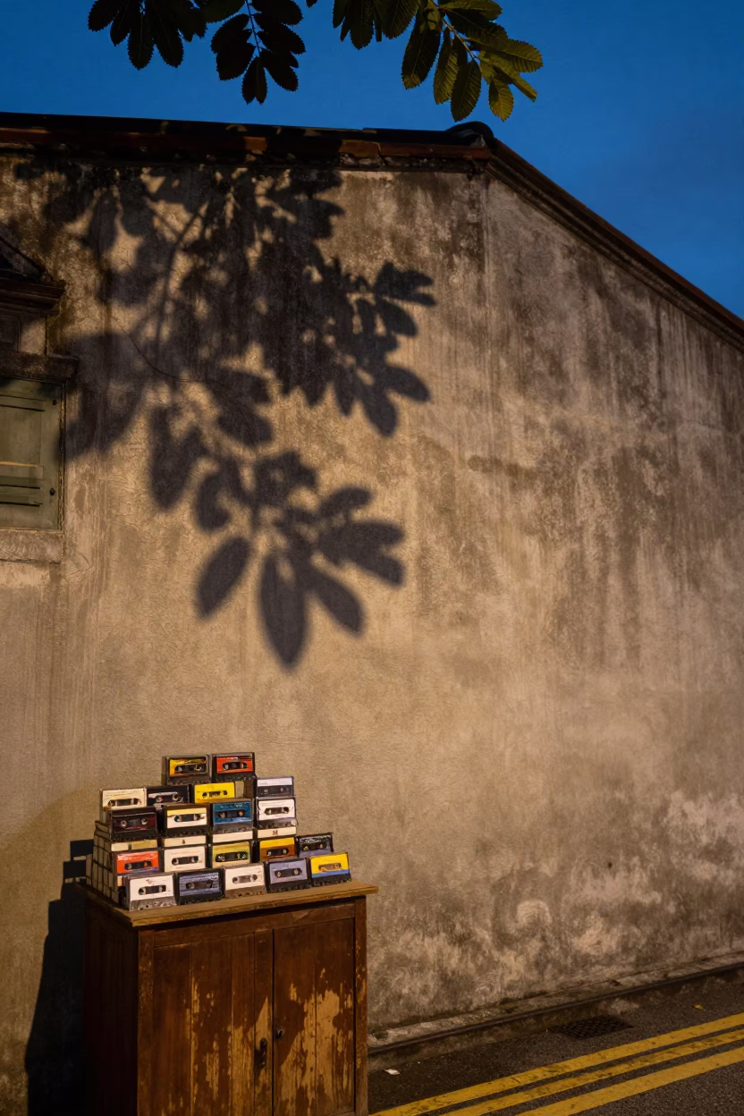 Twilight Street Scene in Singapore with Cassette Tapes and Leaf Shadows in in Singapore, Singapore