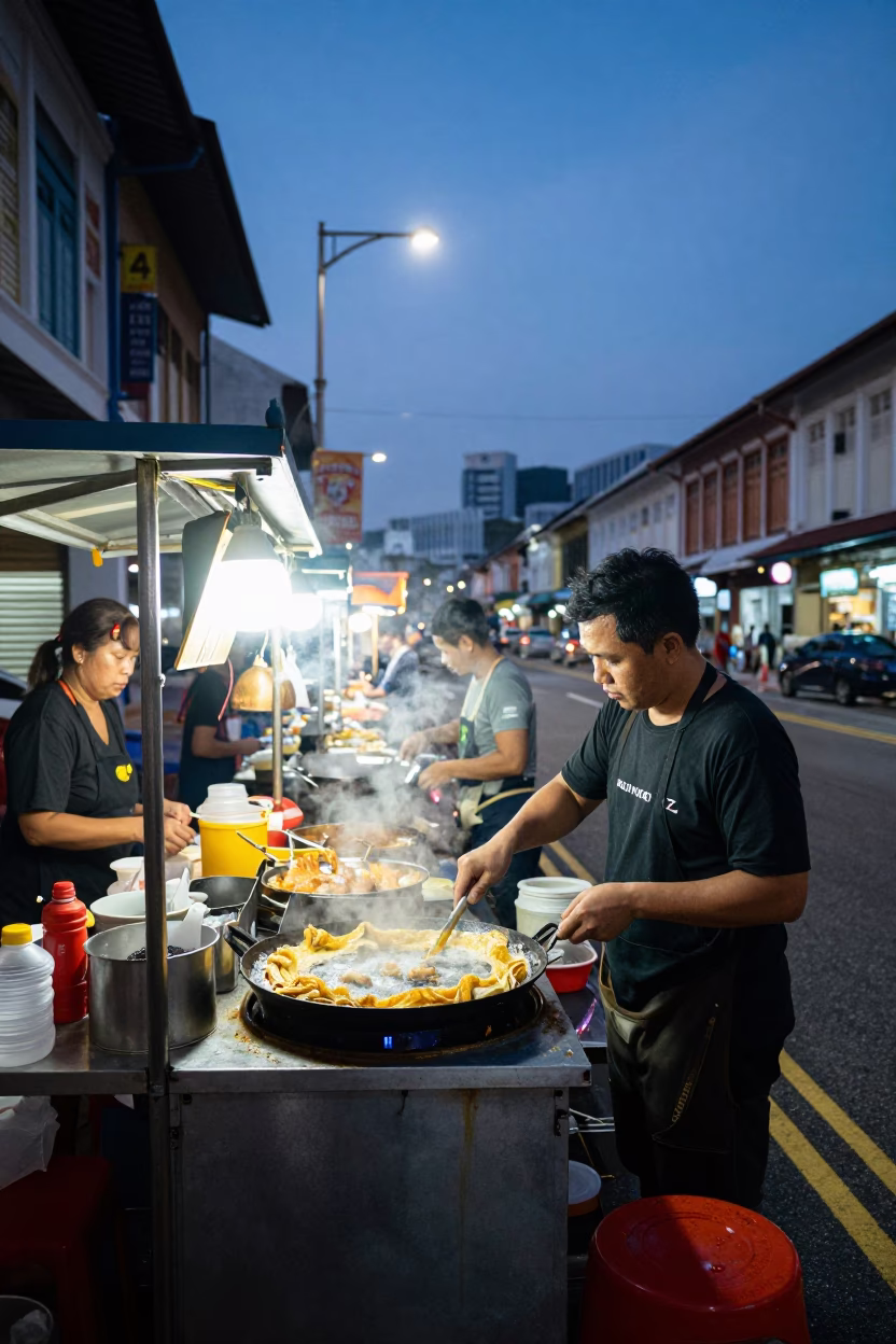 Twilight street scene in Singapore with food vendor and urban backdrop in in Singapore, Singapore