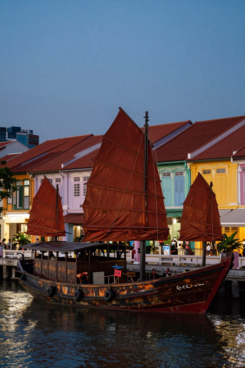 Twilight Street Scene in Singapore with Junk Boat and Colorful Shop Houses in in Singapore, Singapore