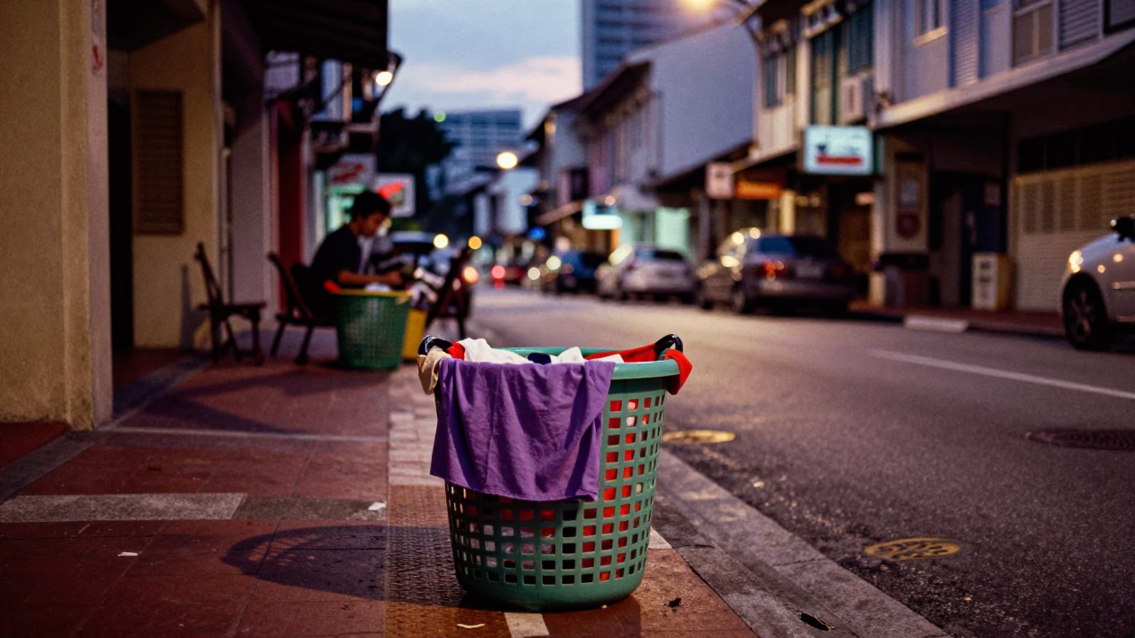 Twilight Street Scene in Singapore with Laundry Basket and Local Life in in Singapore, Singapore
