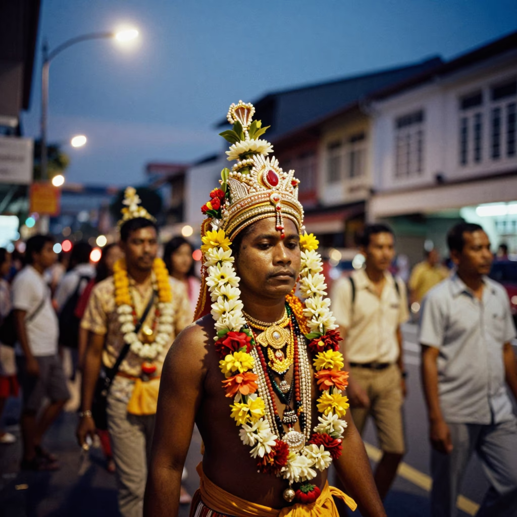 Twilight Street Scene in Singapore with Thaipusam Devotee and Traditional Decorations in in Singapore, Singapore