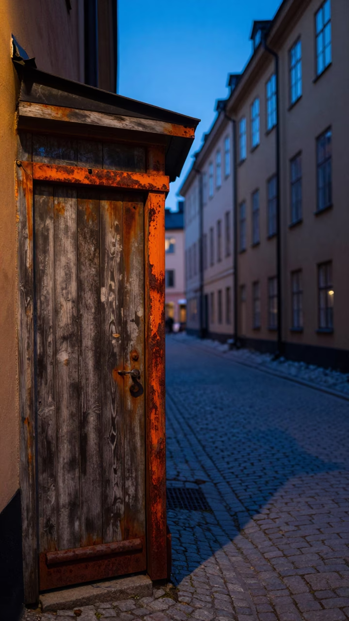 Twilight Street Scene in Stockholm Sweden Showing Rust on Doorframe and Cherry Blossom Branch in in Stockholm, Sweden