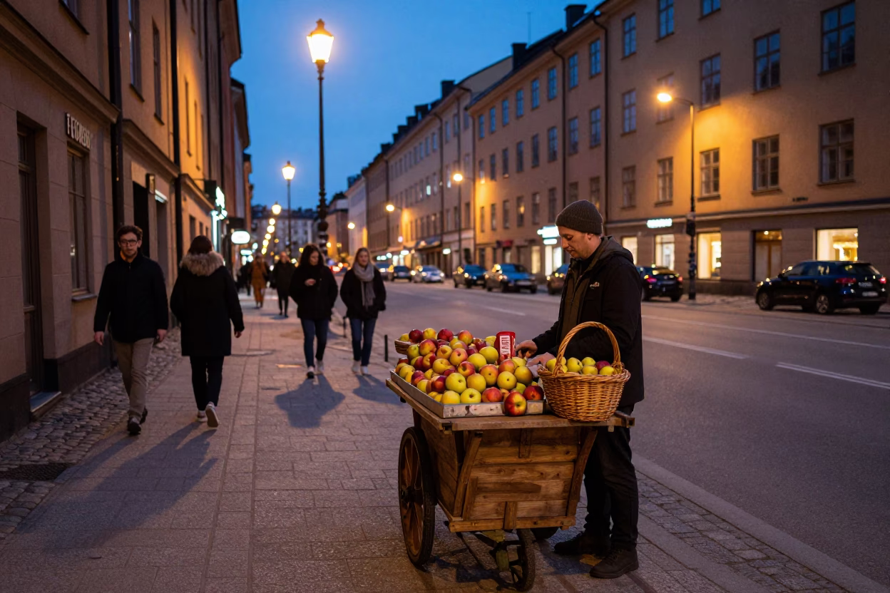Twilight Street Scene in Stockholm Sweden with Apples and Wicker Basket Shadow in in Stockholm, Sweden