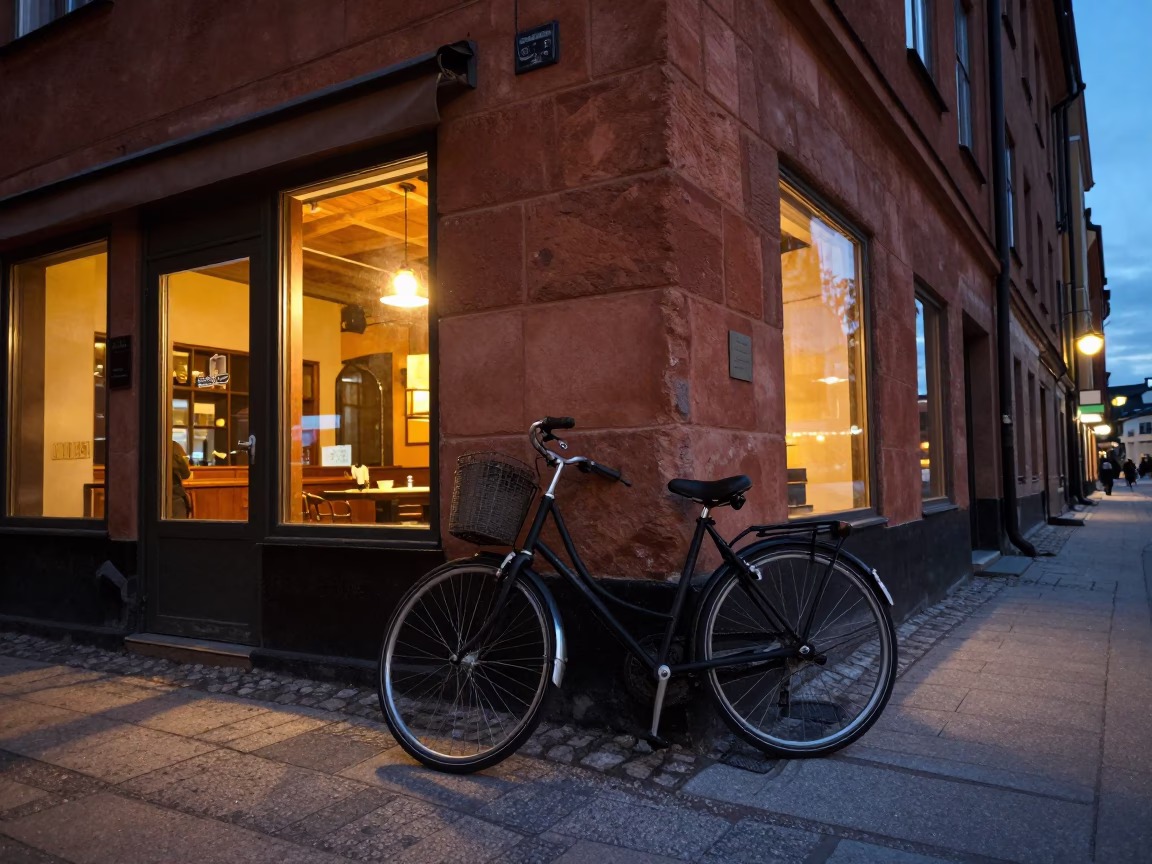 Twilight Street Scene in Stockholm Sweden with Bicycle and Cafe Facade in in Stockholm, Sweden