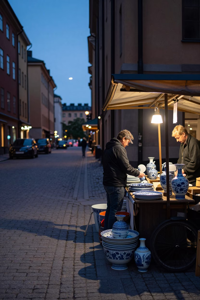 Twilight Street Scene in Stockholm Sweden with Blue and White Porcelain Detail in in Stockholm, Sweden