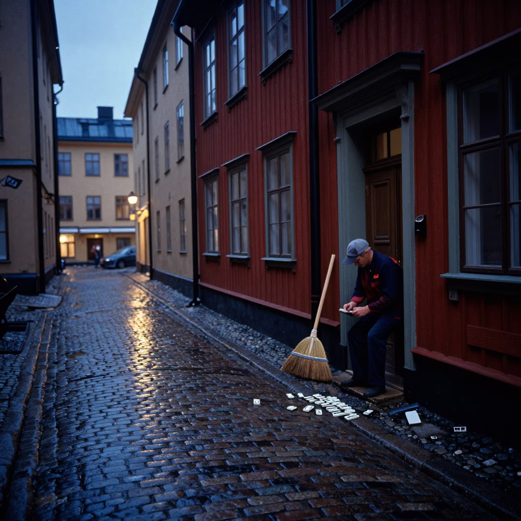 Twilight Street Scene in Stockholm Sweden with Broom and Dominoes in in Stockholm, Sweden