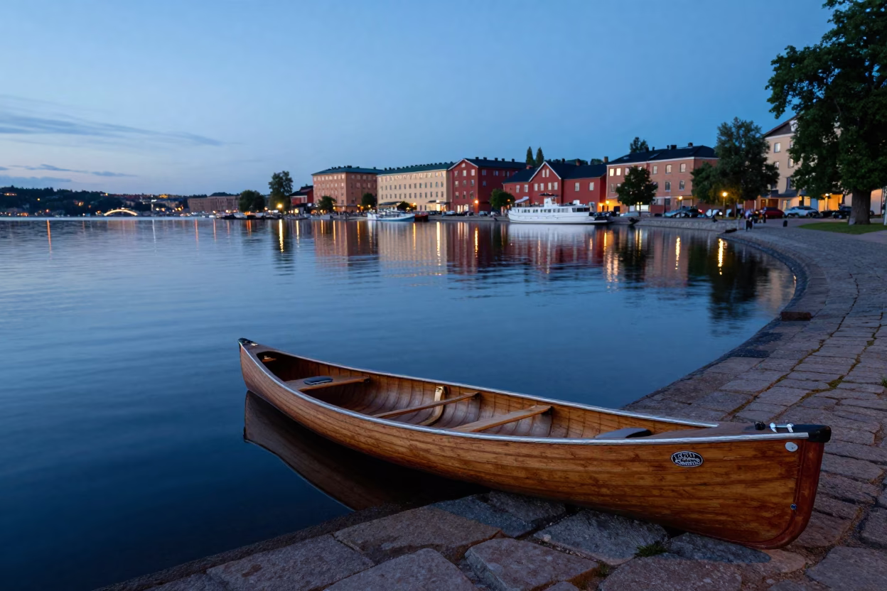 Twilight Street Scene in Stockholm Sweden with Canoe on Glassy Lake in in Stockholm, Sweden