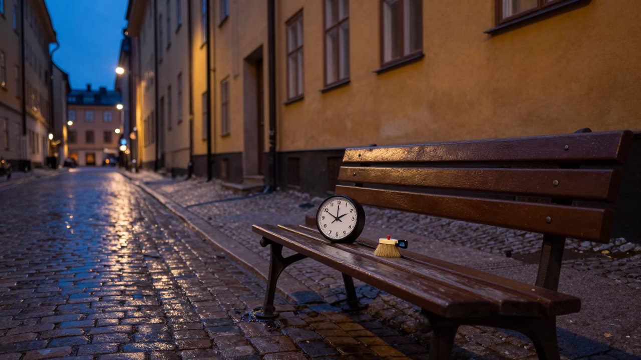 Twilight Street Scene in Stockholm Sweden with Chess Clock and Brushed Steel Basin in in Stockholm, Sweden