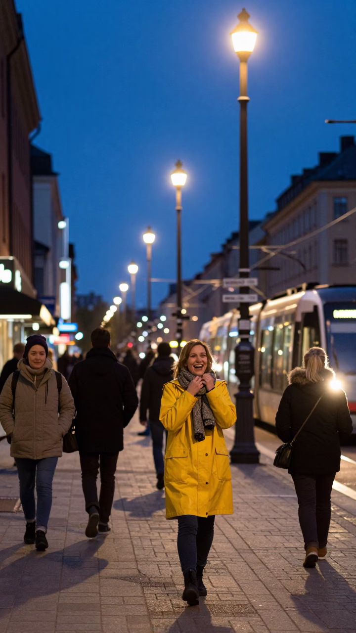 Twilight street scene in Stockholm Sweden with commuters and tram lights in in Stockholm, Sweden