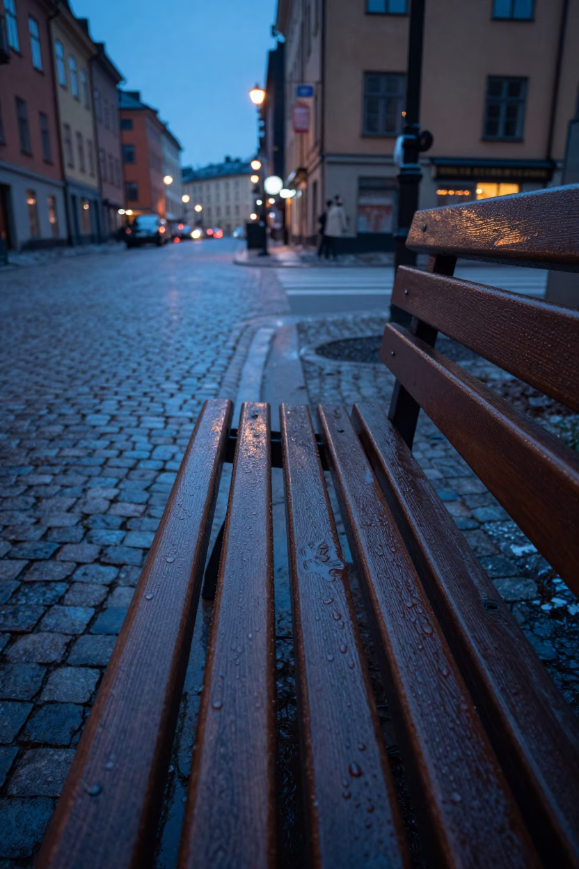 Twilight Street Scene in Stockholm Sweden with Condensation on Bench and Doorframe in in Stockholm, Sweden