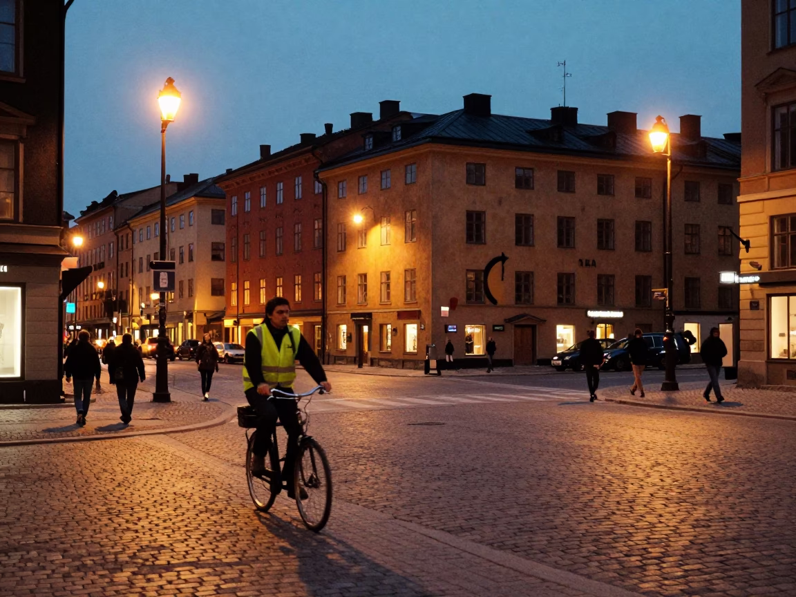 Twilight street scene in Stockholm Sweden with cyclist and traditional architecture in in Stockholm, Sweden