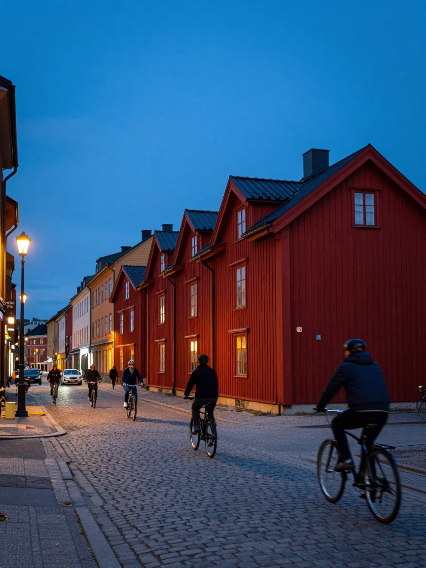 Twilight Street Scene in Stockholm Sweden with Cyclists and Red Wooden Houses in in Stockholm, Sweden