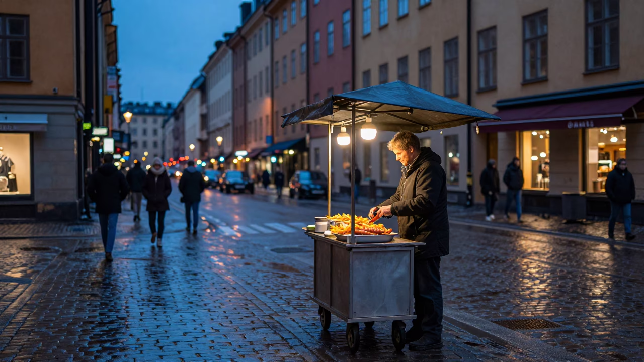 Twilight Street Scene in Stockholm Sweden with Fries and Currywurst in in Stockholm, Sweden