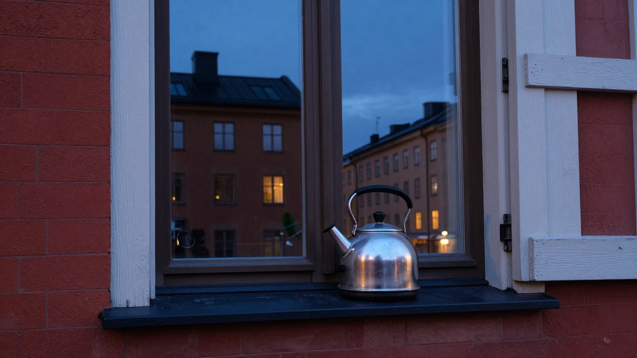 Twilight Street Scene in Stockholm Sweden with Kettle on Windowsill in in Stockholm, Sweden