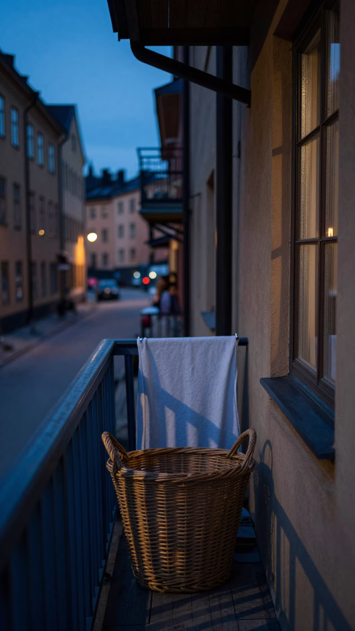 Twilight Street Scene in Stockholm Sweden with Laundry Basket and Wicker Shadow in in Stockholm, Sweden