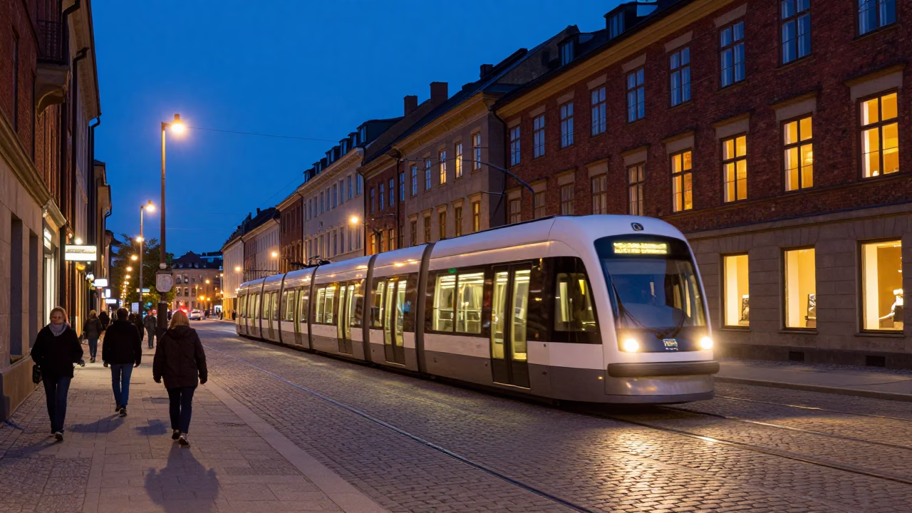 Twilight Street Scene in Stockholm Sweden with Monorail and City Lights in in Stockholm, Sweden