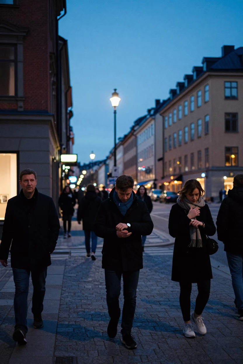 Twilight street scene in Stockholm Sweden with people and city lights in in Stockholm, Sweden
