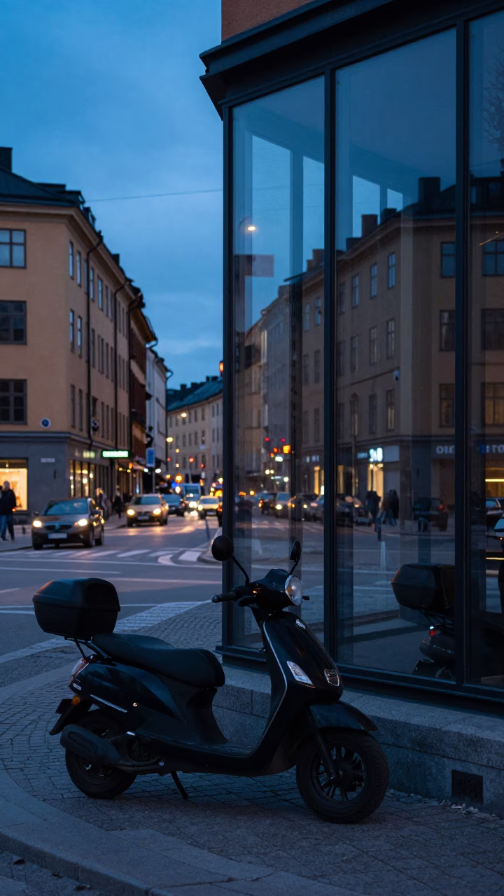 Twilight Street Scene in Stockholm Sweden with Scooter and Glass Window Reflections in in Stockholm, Sweden