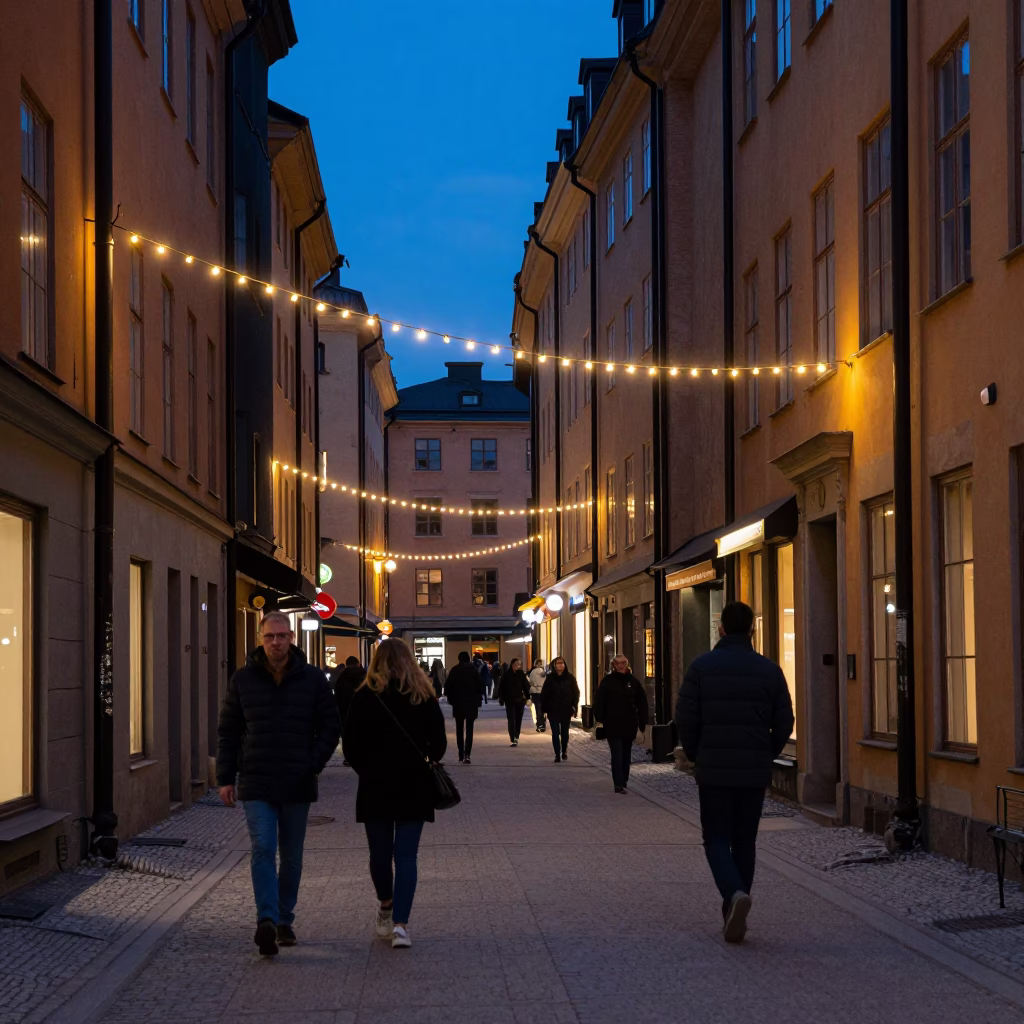 Twilight street scene in Stockholm Sweden with string lights and historic brick architecture in in Stockholm, Sweden