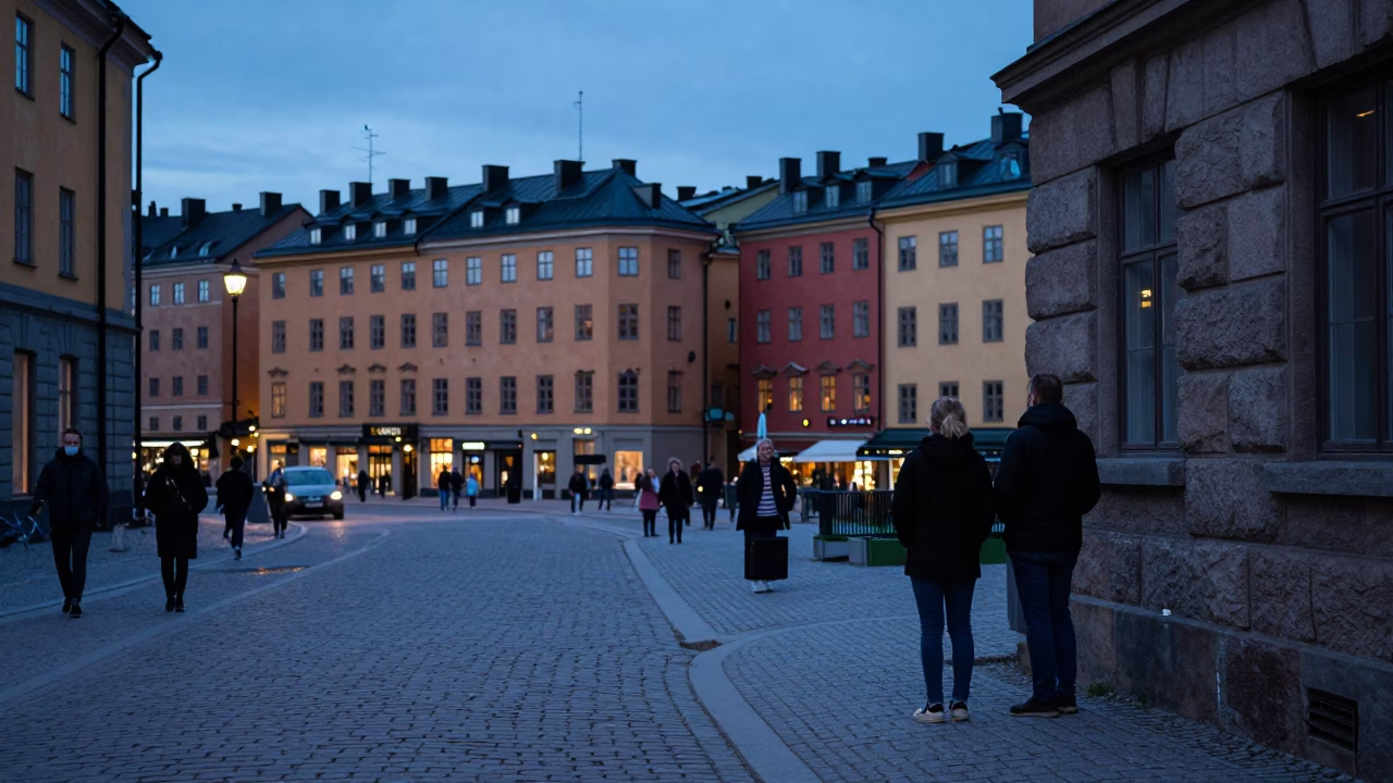 Twilight Street Scene in Stockholm Sweden with Travelers and Historic Architecture in in Stockholm, Sweden