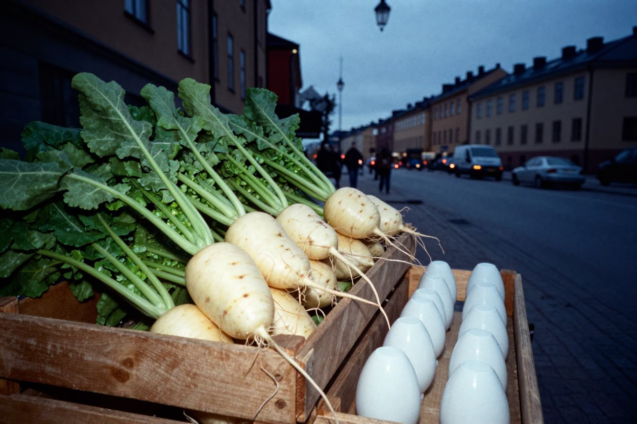 Twilight Street Scene in Stockholm Sweden with Turnips and Egg Cups on Market Stalls in in Stockholm, Sweden