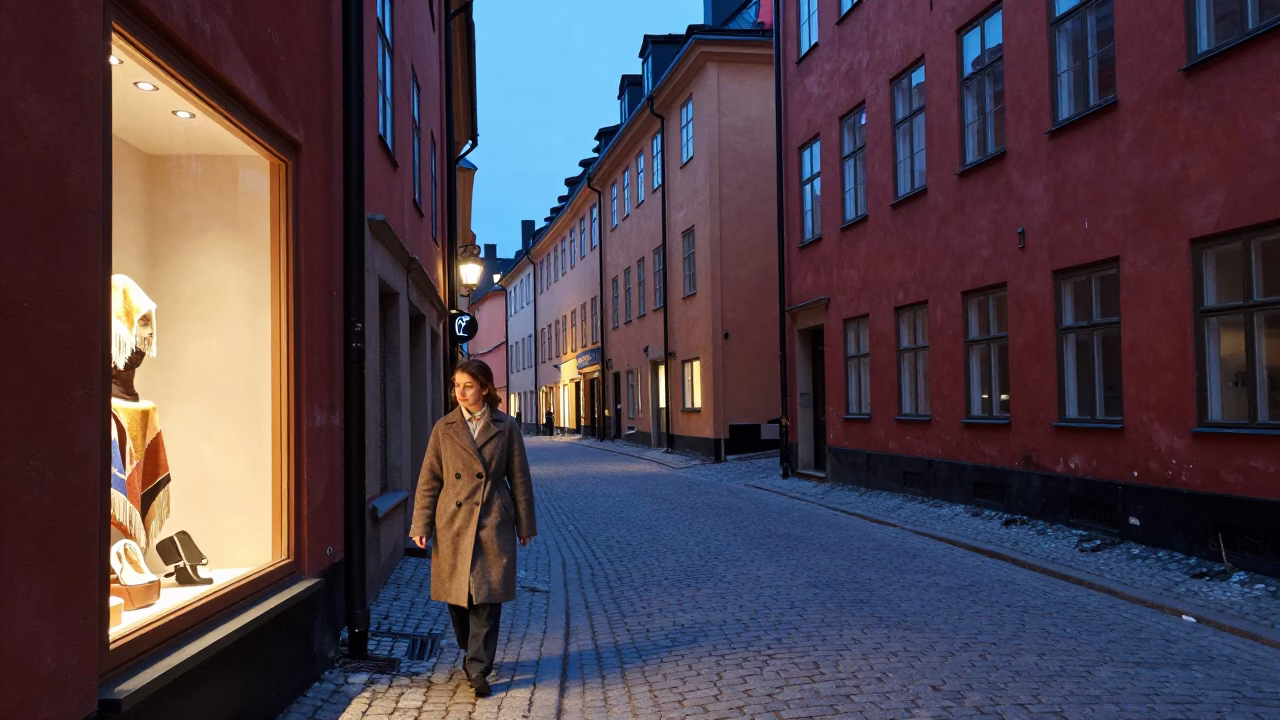 Twilight Street Scene in Stockholm Sweden with Vintage 1960s Atmosphere in in Stockholm, Sweden