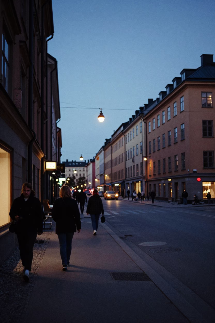Twilight Street Scene in Stockholm Sweden with Vintage 1960s Color Photography and Local Life in in Stockholm, Sweden