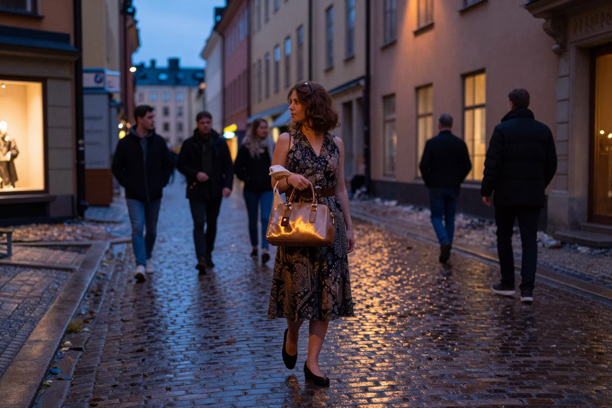 Twilight Street Scene in Stockholm Sweden with Vintage 1960s Fashion and Urban Details in in Stockholm, Sweden