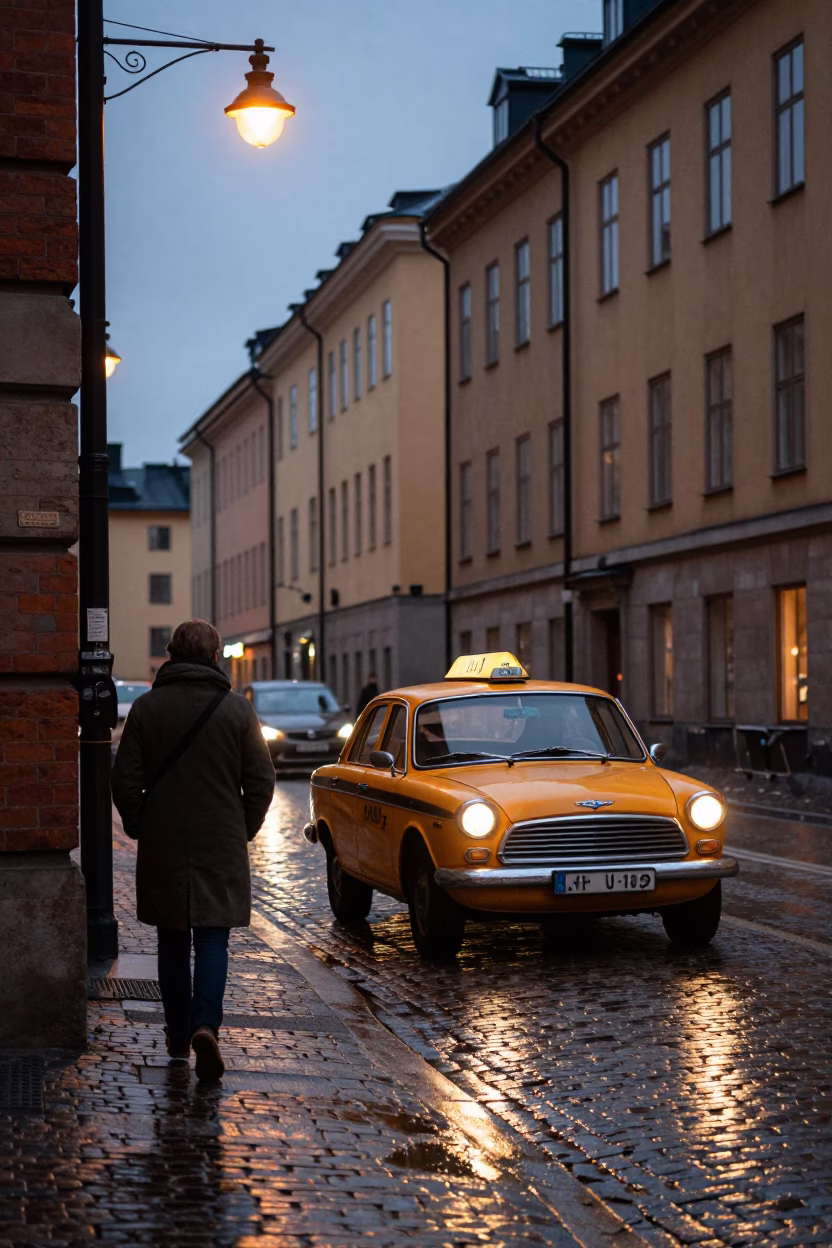 Twilight street scene in Stockholm Sweden with vintage 1970s yellow taxi and pedestrian in in Stockholm, Sweden