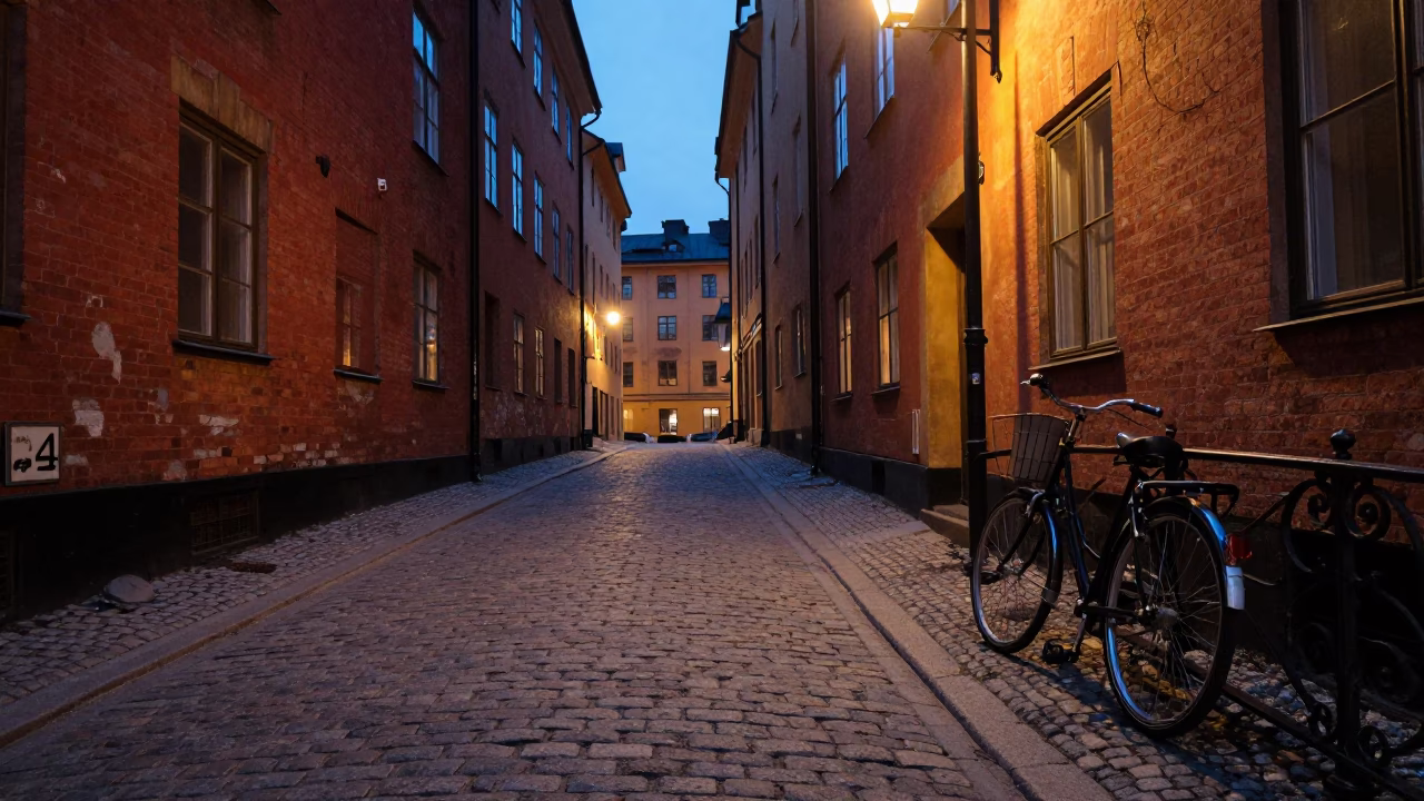 Twilight Street Scene in Stockholm Sweden with Vintage Bicycle and Cobblestone Alley in in Stockholm, Sweden