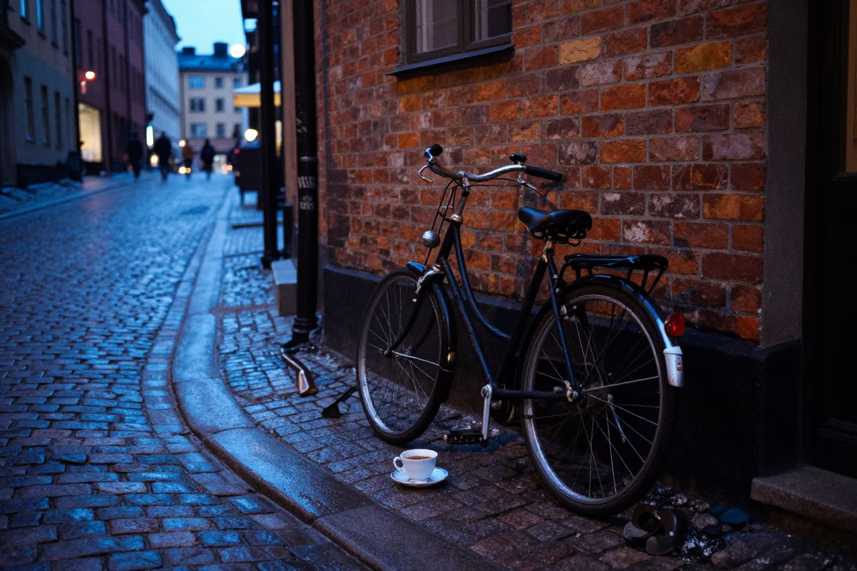 Twilight Street Scene in Stockholm Sweden with Vintage Bicycle and Teacup in in Stockholm, Sweden