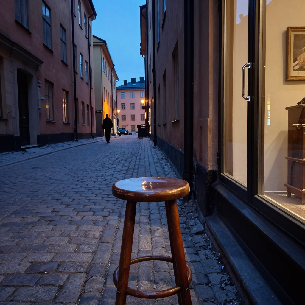Twilight Street Scene in Stockholm Sweden with Vintage Kitchen Stool and Glass Handle Detail in in Stockholm, Sweden